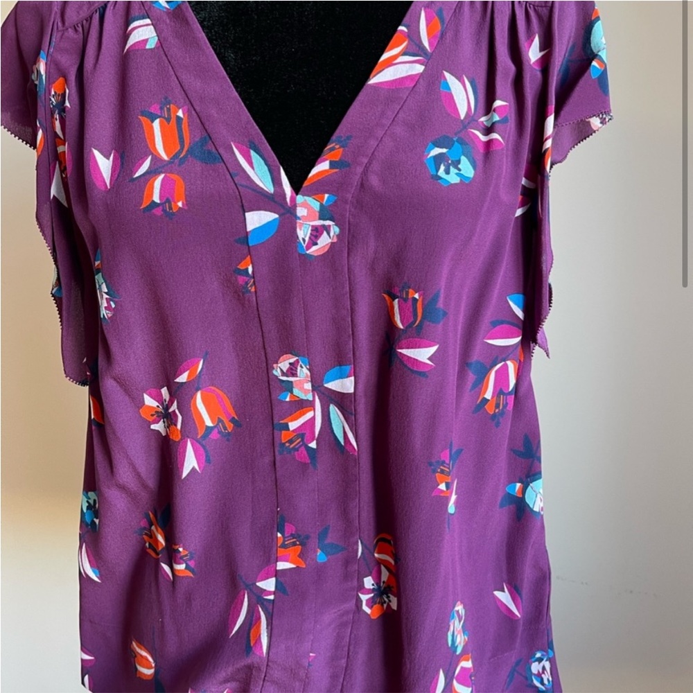 Rebecca Taylor Burgundy Floral Print Short Sleeve Blouse Size